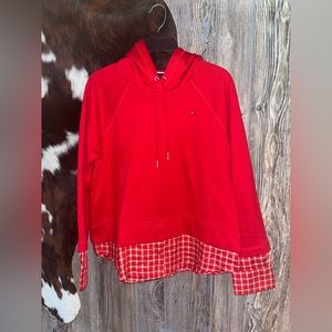 Tommy Hilfiger bright red hoodie with plaid underlay detail size small